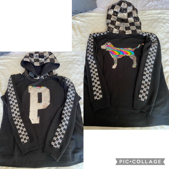Vs PINK flip sequin bling Pullover hoodie black checkered bling 2018 collection - Picture 1 of 13